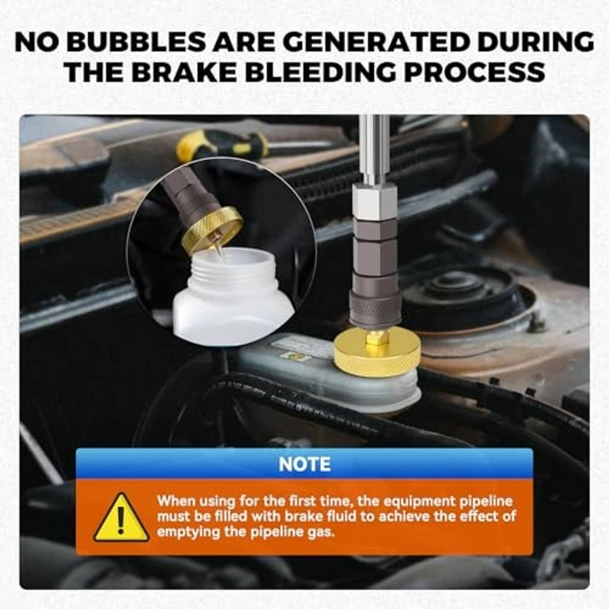 Brake bleeding adapter fitting connected to fluid reservoir on engine compartment