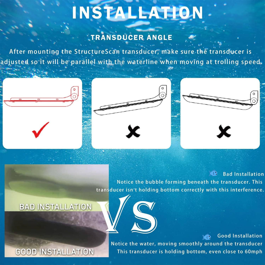 Transom mount bracket angle adjustment guide with correct and incorrect tilt examples