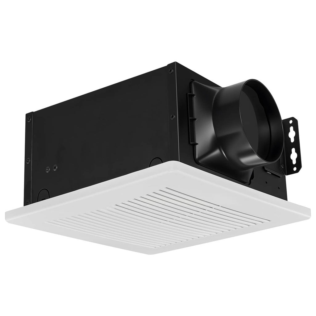 Uimoso bathroom ventilation fan with white grille and black duct outlet, front close-up