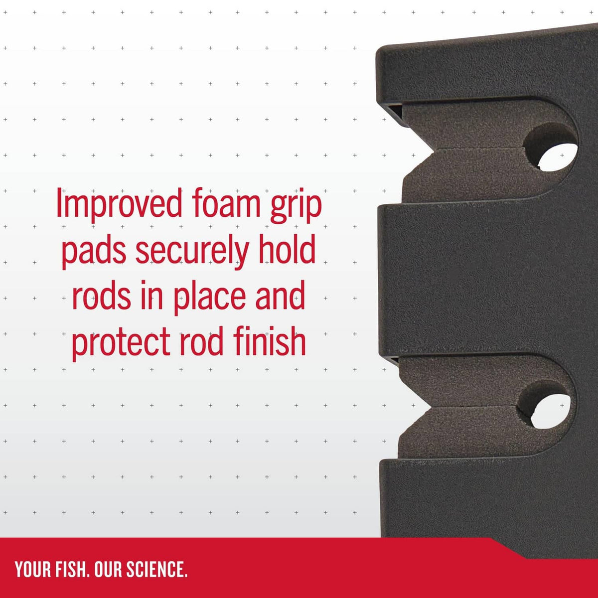 Black rod-grip pads with two oval openings on horizontal rod rack, close-up