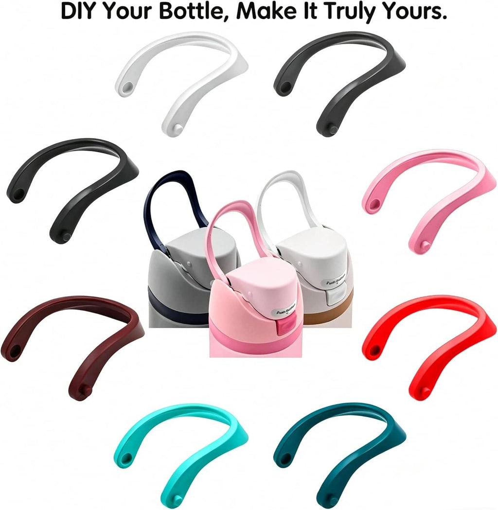 Assorted color bottle carry loop handles, including white, black, pink, red, and teal.