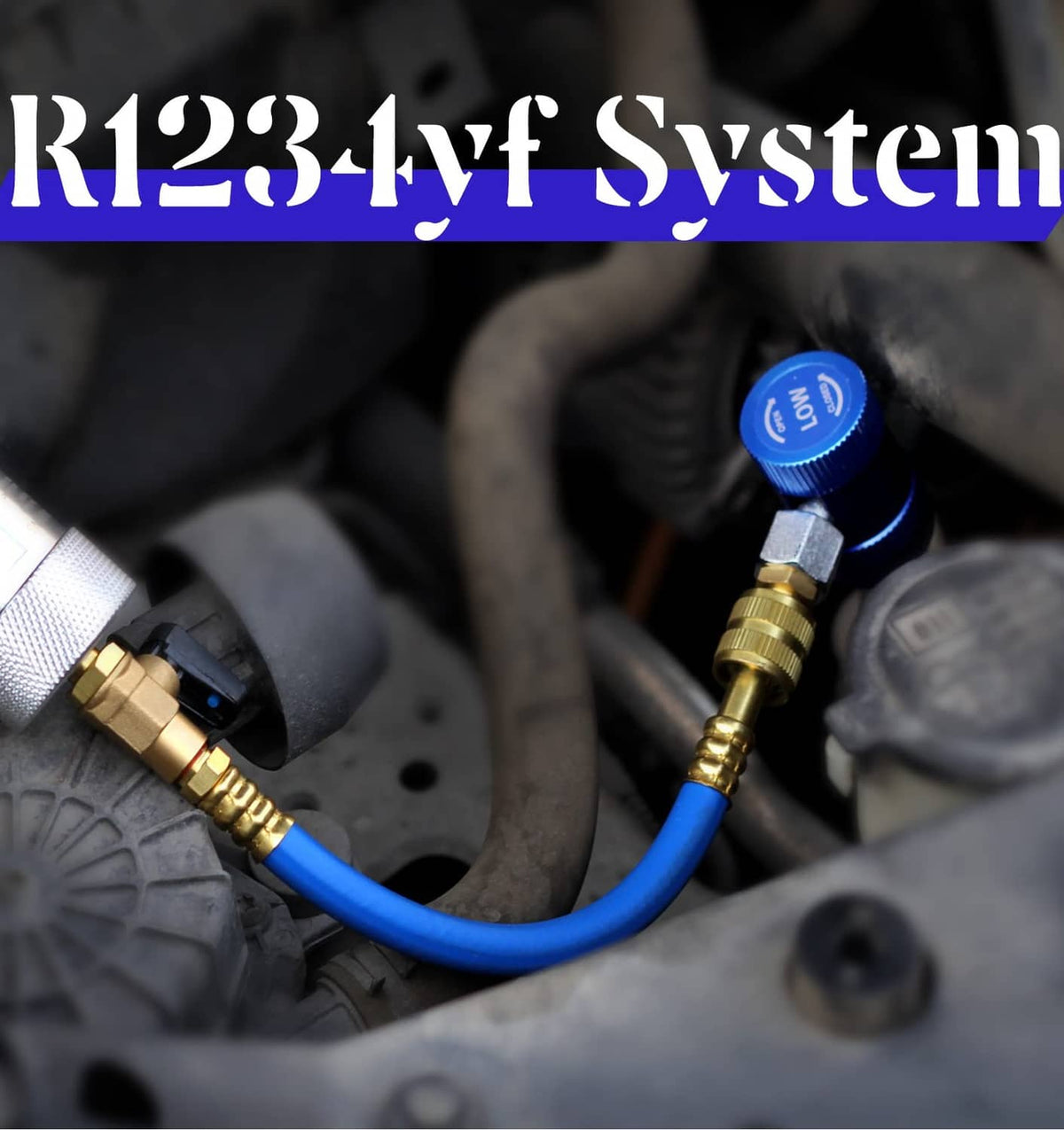 AC oil dye injector with blue hose and brass connectors, shown near engine components