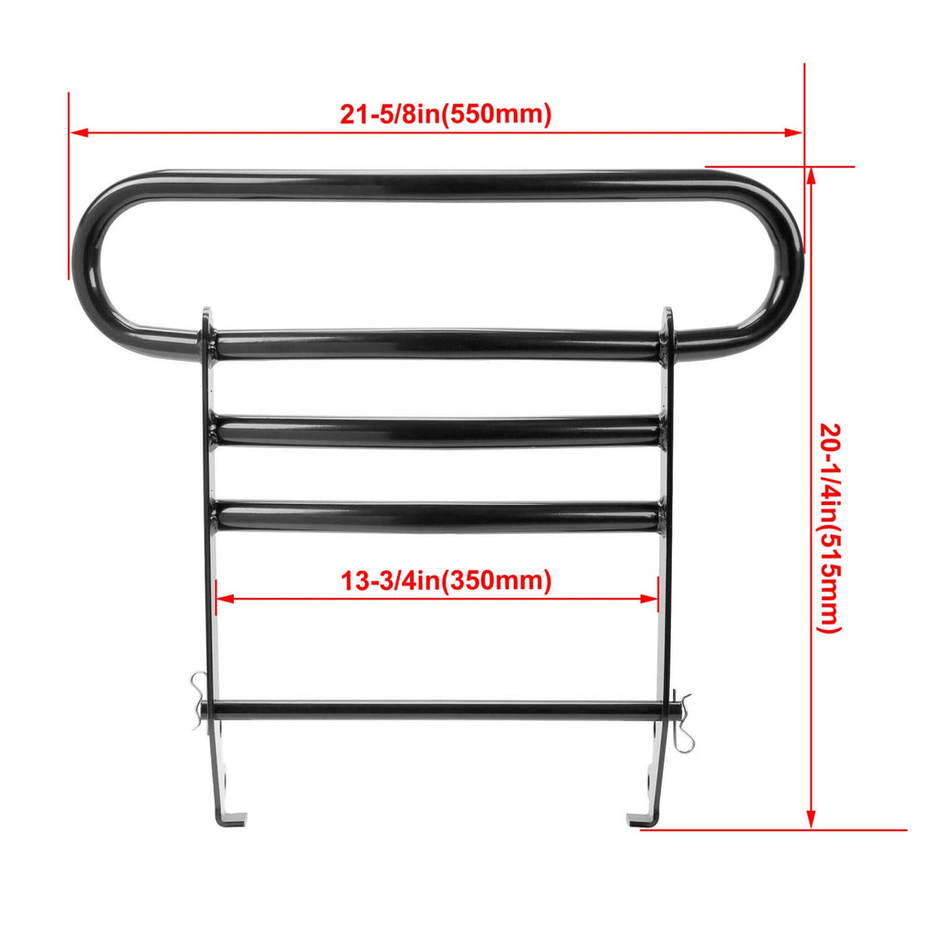 Black brush guard outline with rail bars and overall size markings on a measuring diagram