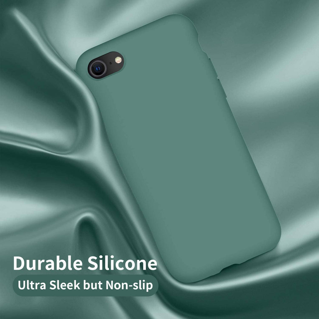 Midnight green silicone iPhone case with smooth finish and camera opening