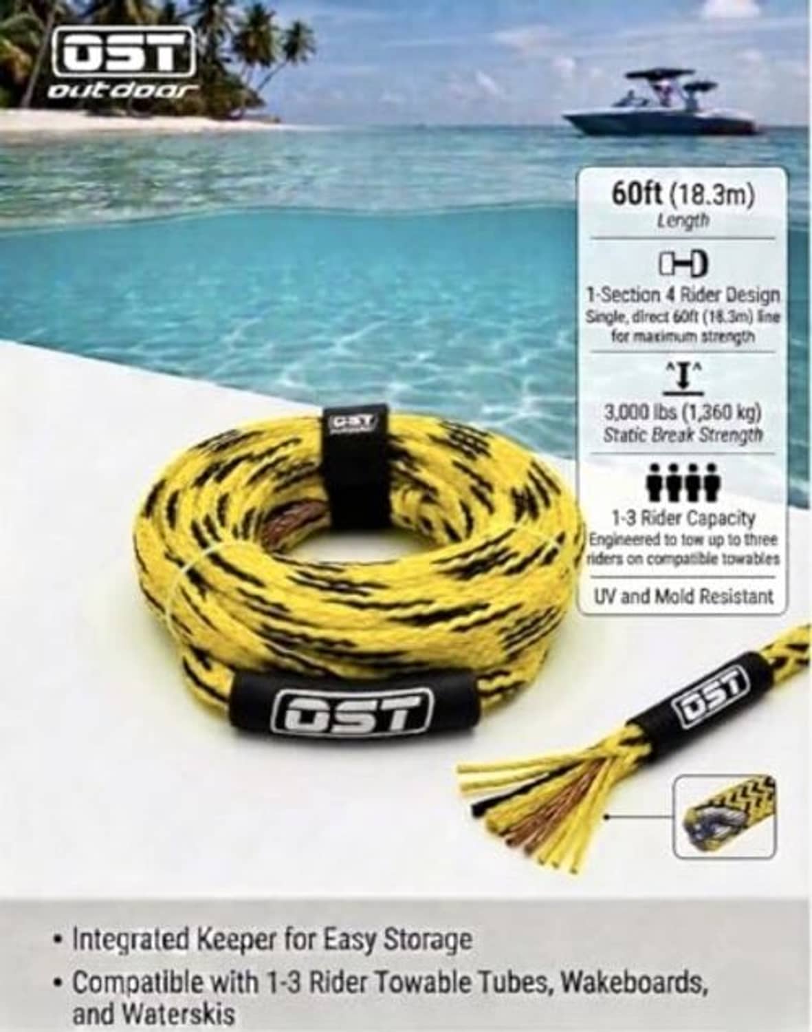 Yellow multi-rider tow rope coil with keeper and capacity label
