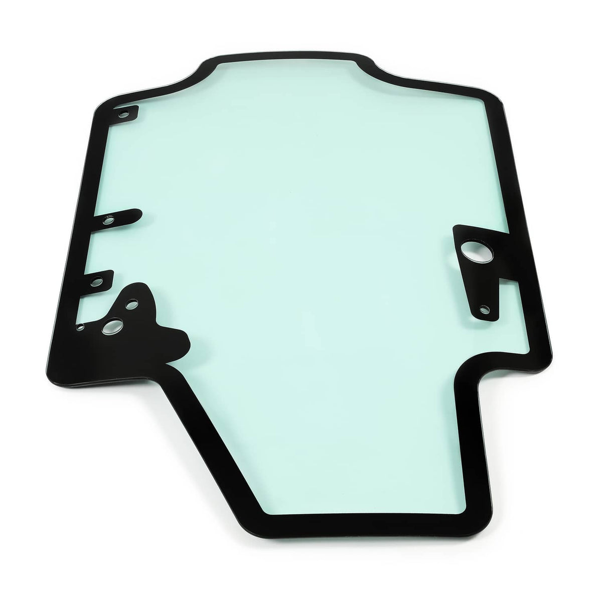 Skid steer door glass panel with black frame and corner brackets, light blue tint
