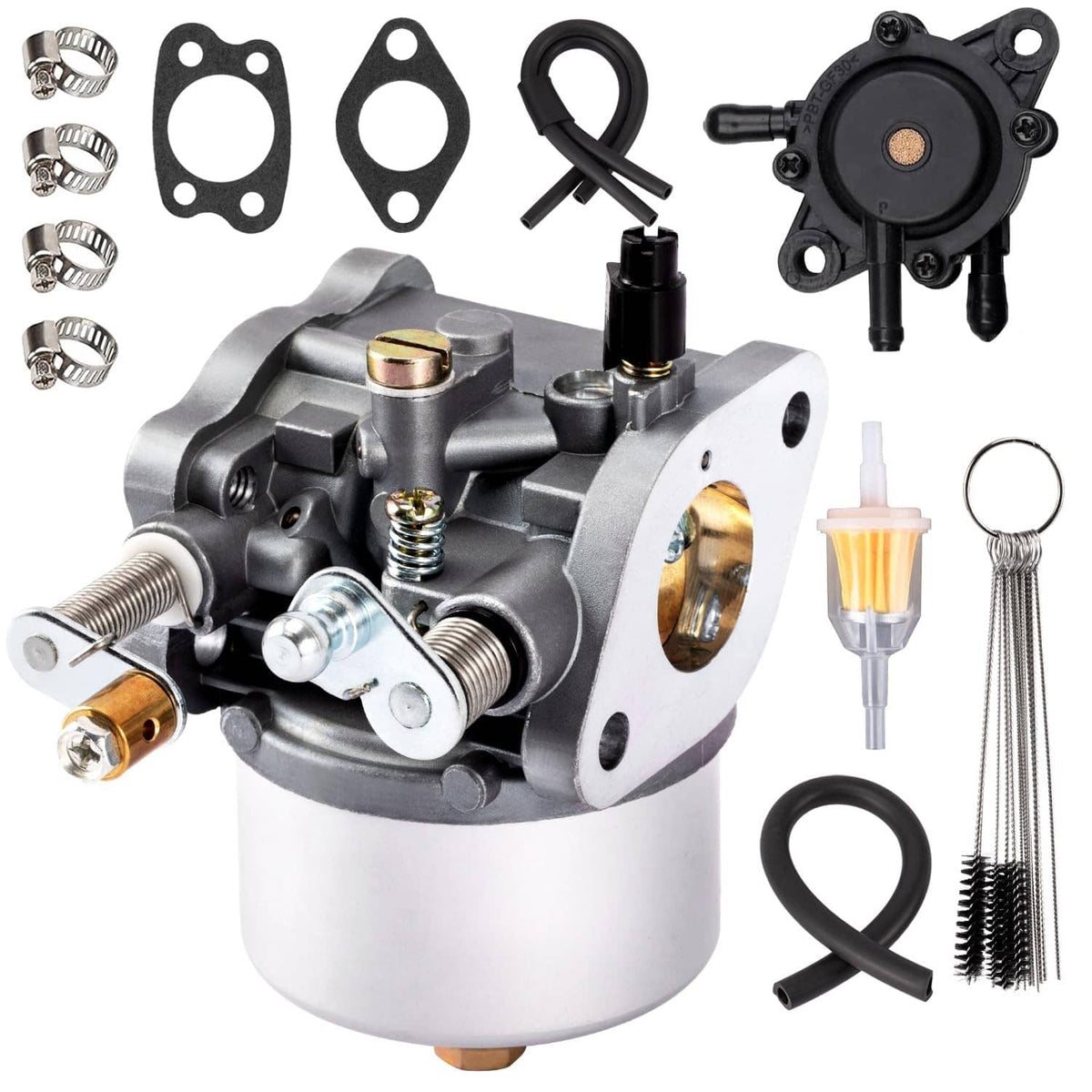 Metal carburetor with silver body, black intake, and mounting flanges with included parts