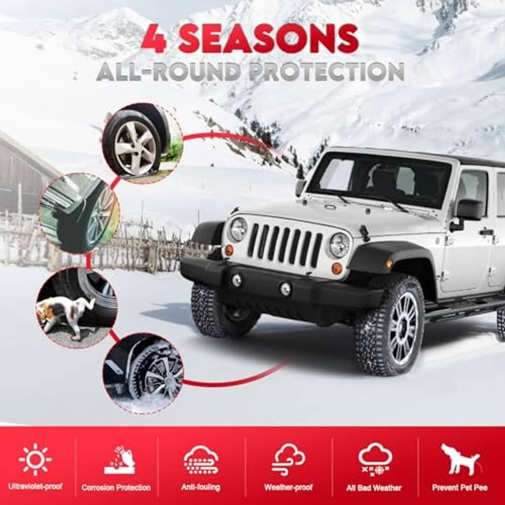 Black dome RV tire cover for year-round protection, shown on a vehicle wheel