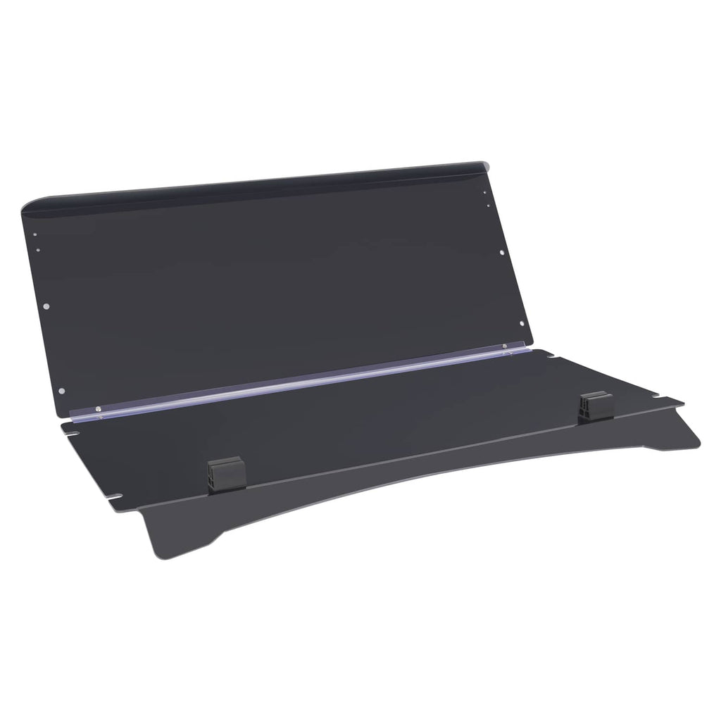 Tinted fold-down windshield screen, dark smoked panel with hinge and latch blocks.