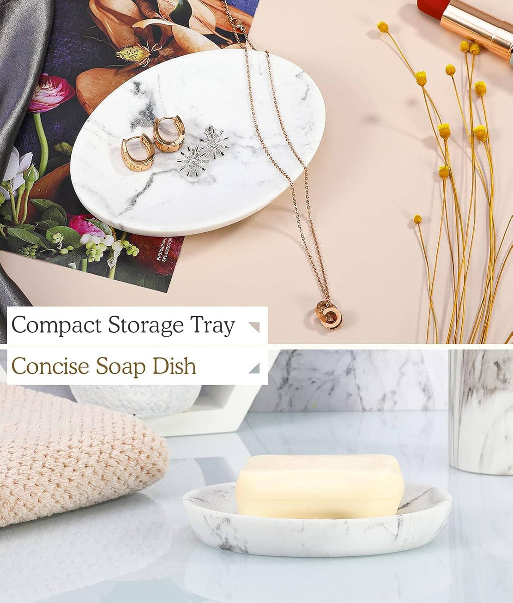 Marble-pattern oval resin soap dish tray with cream bar soap on top