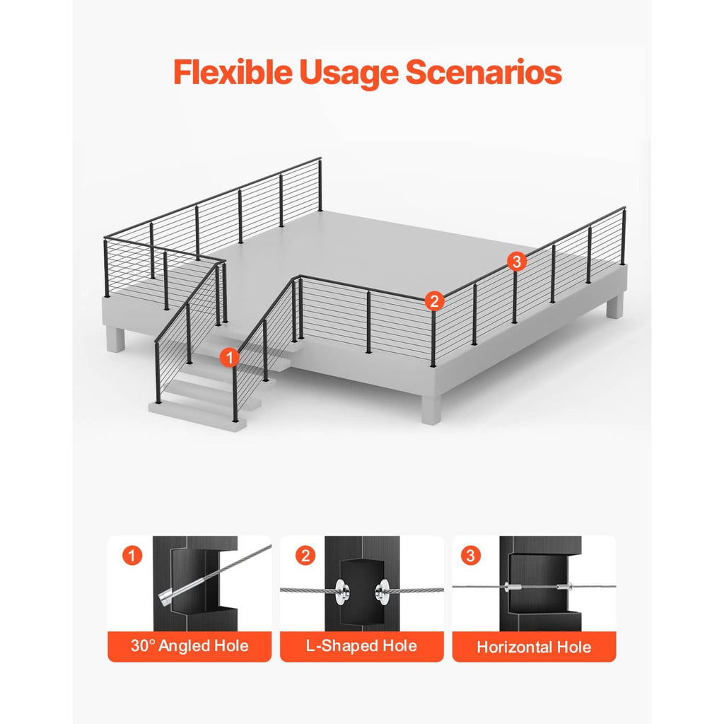 Cable railing post kit with angled, L-shaped, and horizontal hole bracket options