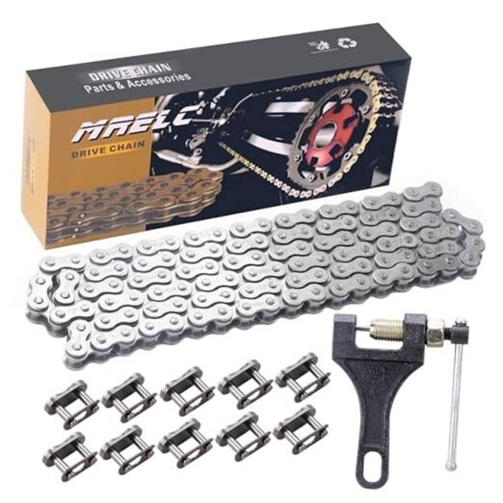 Silver drive chain kit with chain breaker tool and connector links in box