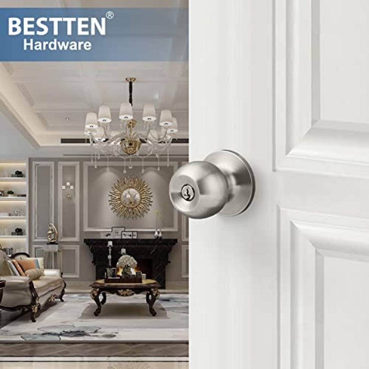 Satin nickel entry door knob lock on a white interior door with key