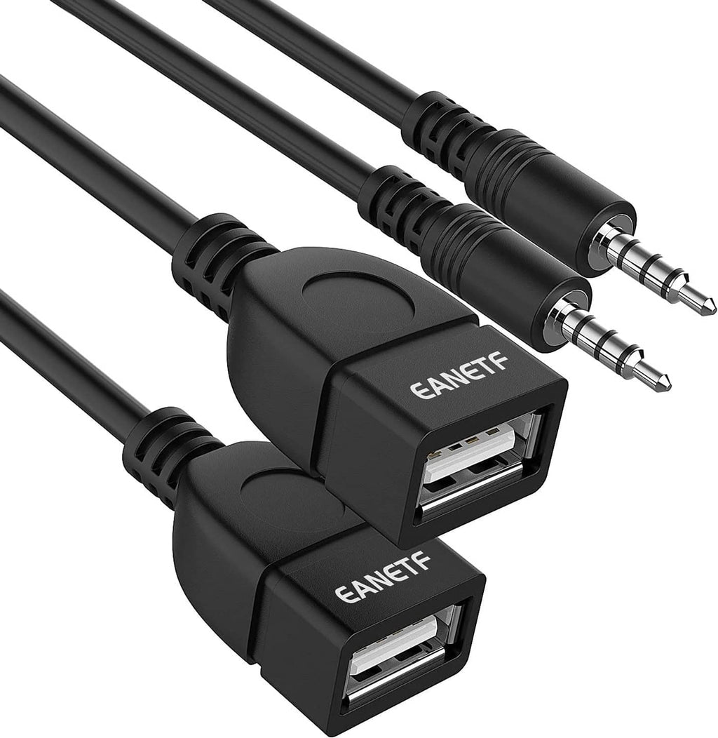 Black Y-split USB-female to 3.5mm AUX adapter cable with two molded USB ports