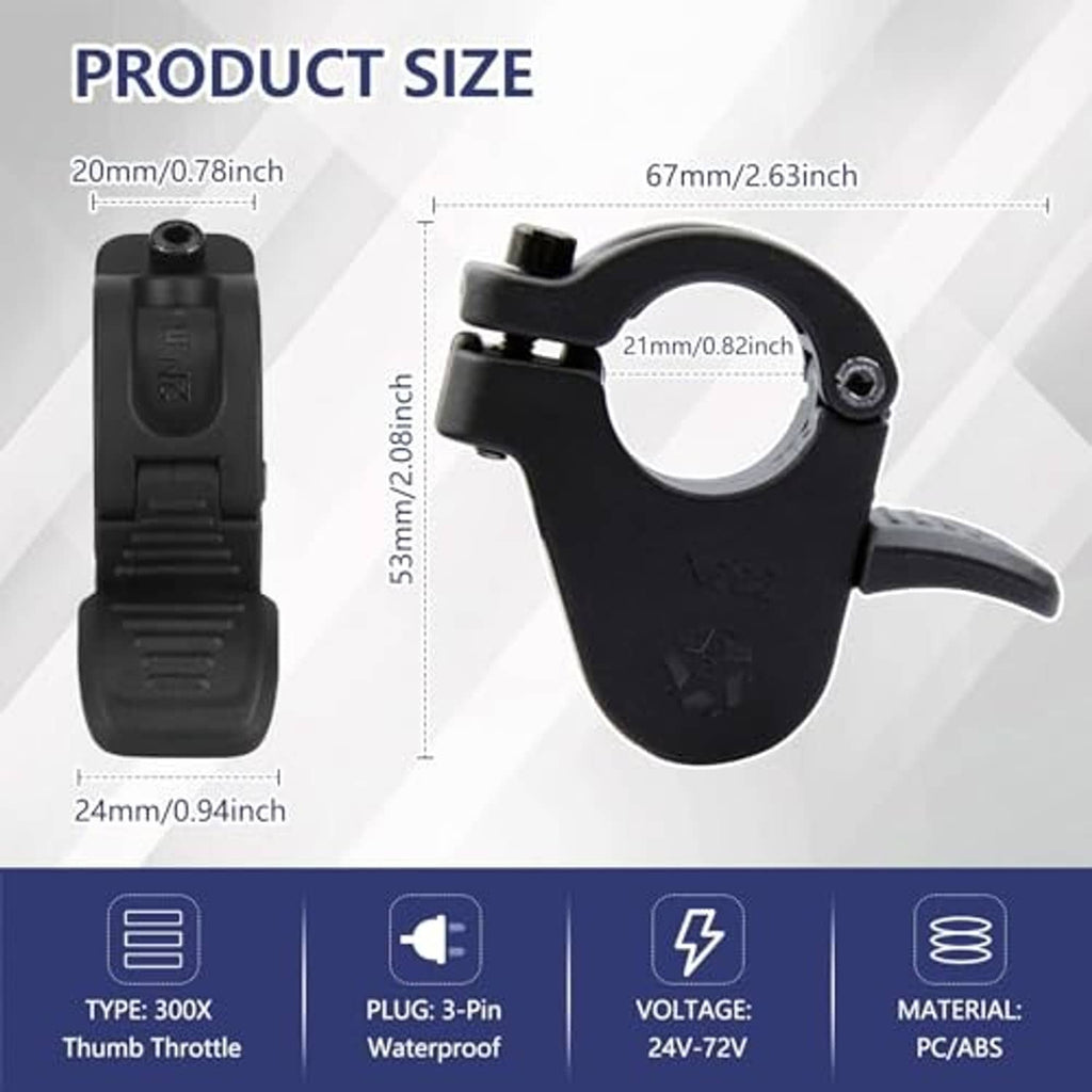 Black thumb throttle with lever and mounting ring, shown with product size layout