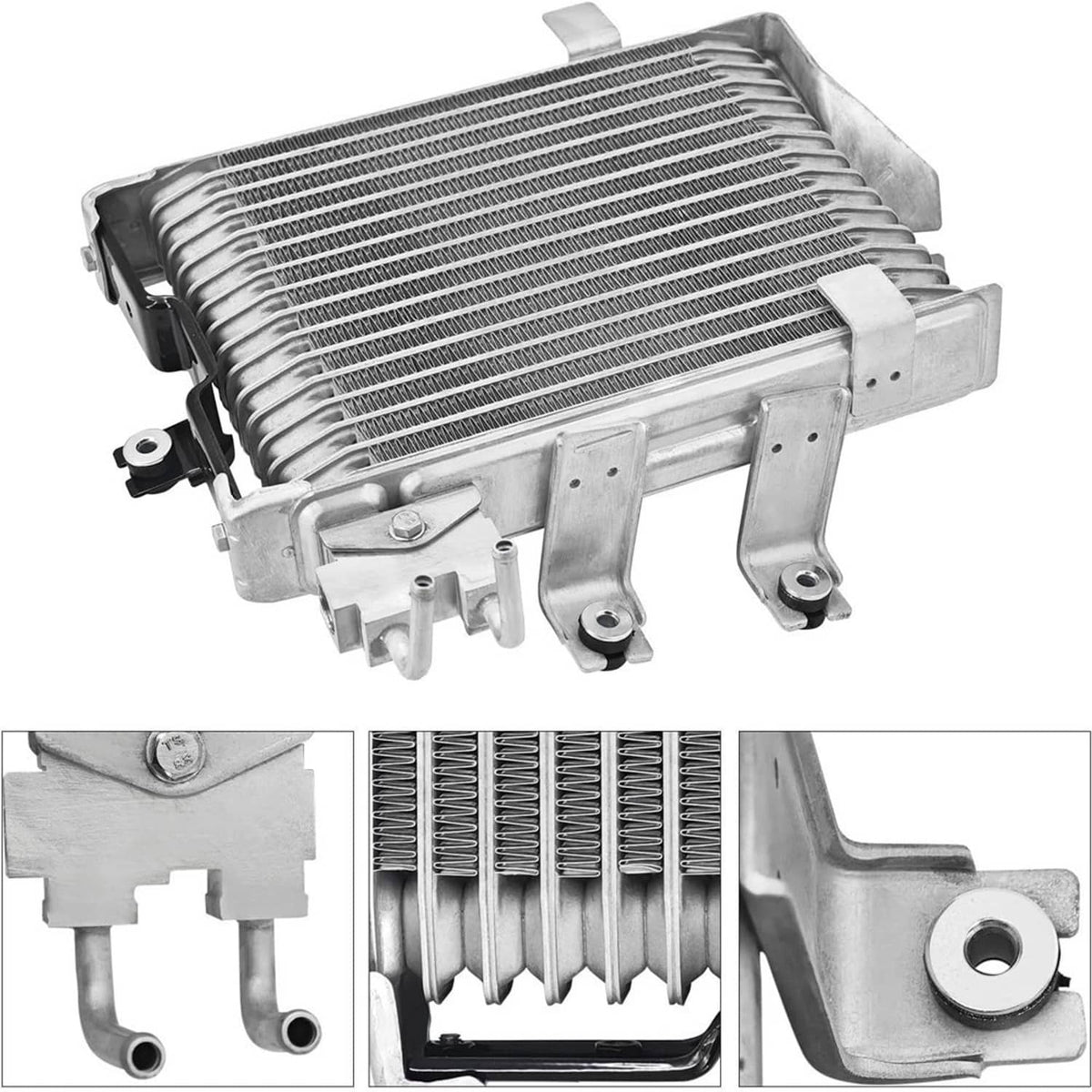 Automatic transmission oil cooler assembly with radiator-style fins and metal frame