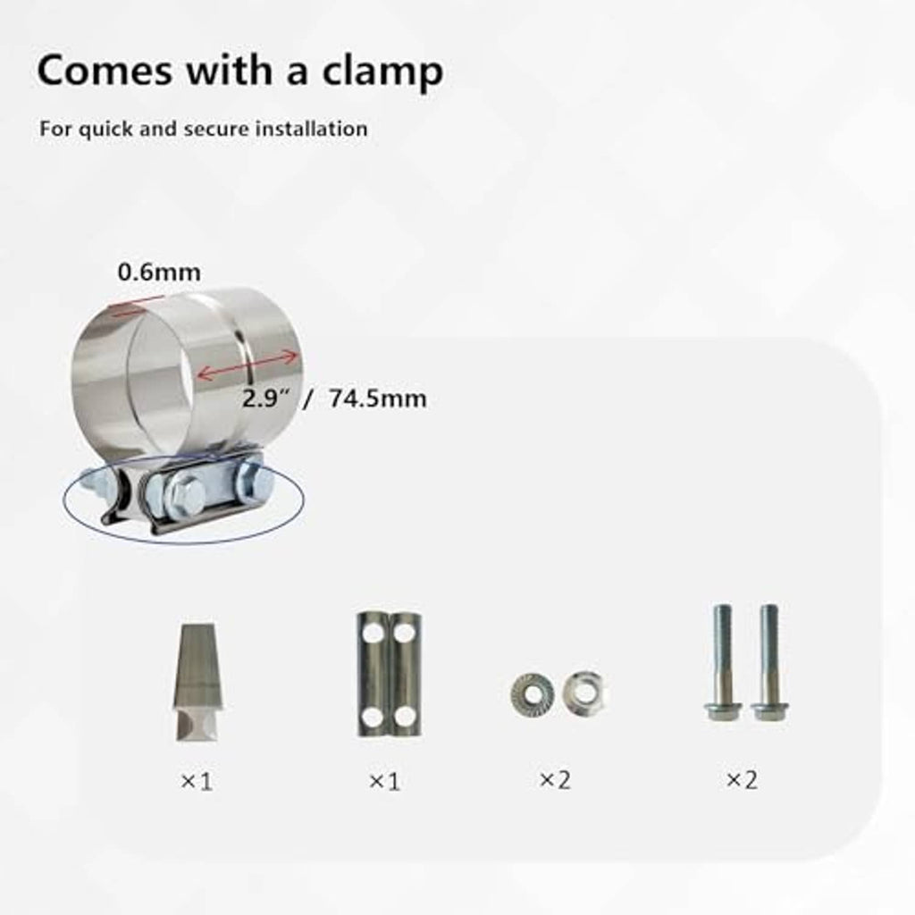 Black exhaust elbow kit with included silver clamp hardware and mounting bolts