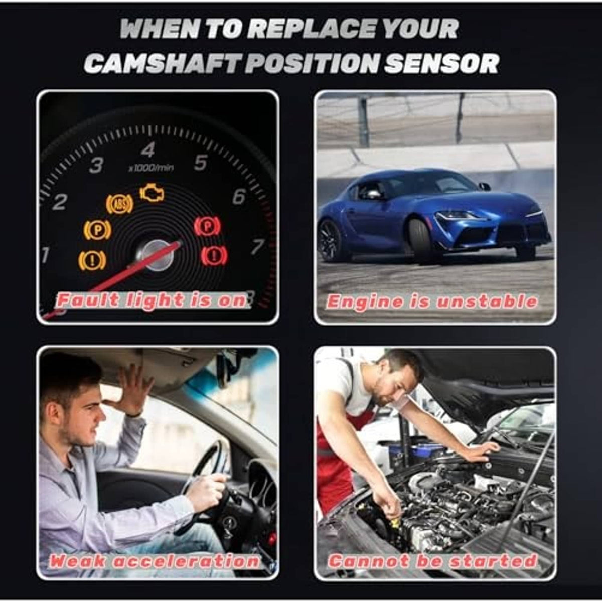 Engine camshaft position sensor replacement guide with warning lights and engine symptoms