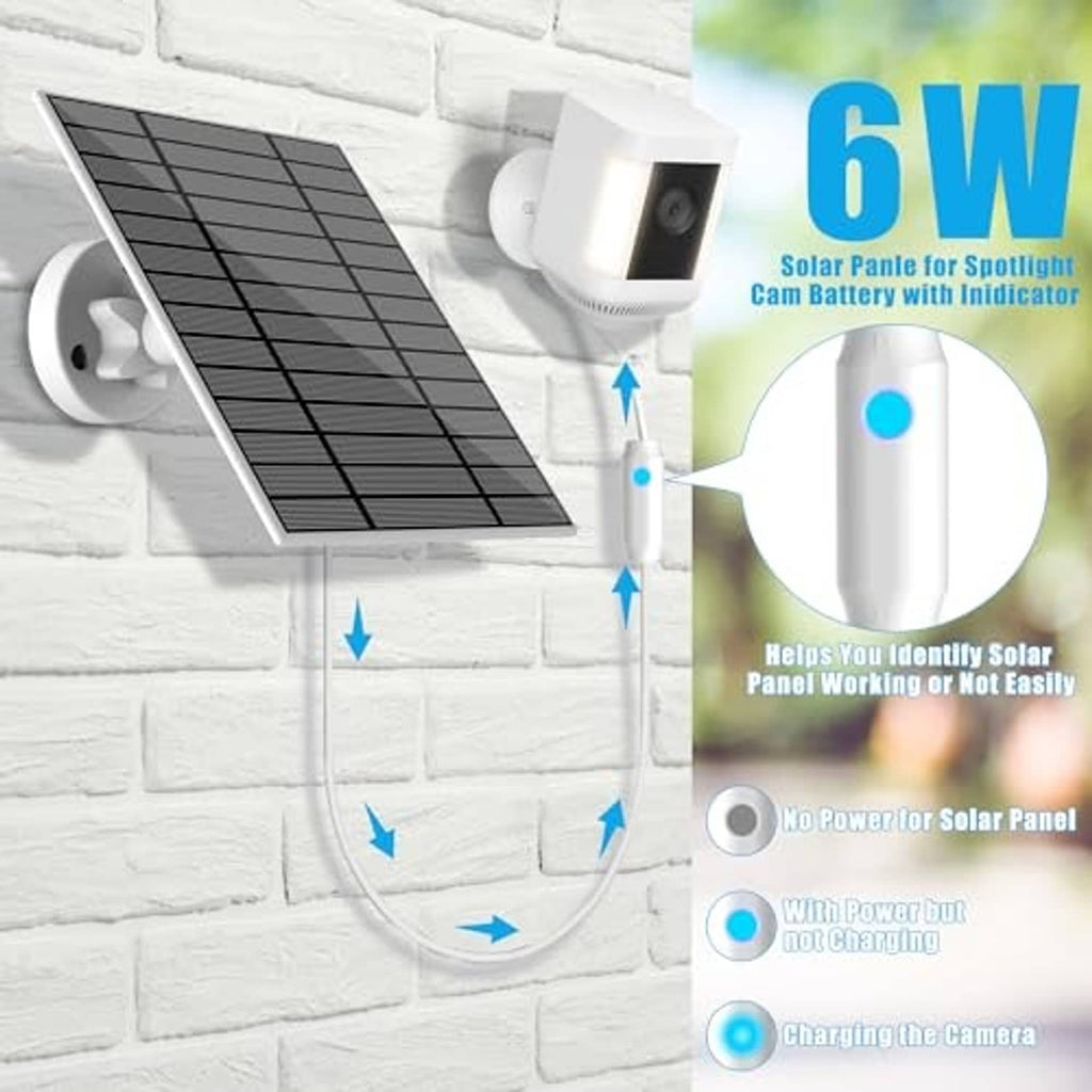 6W solar panel with white spotlight-style camera mount and battery indicator light