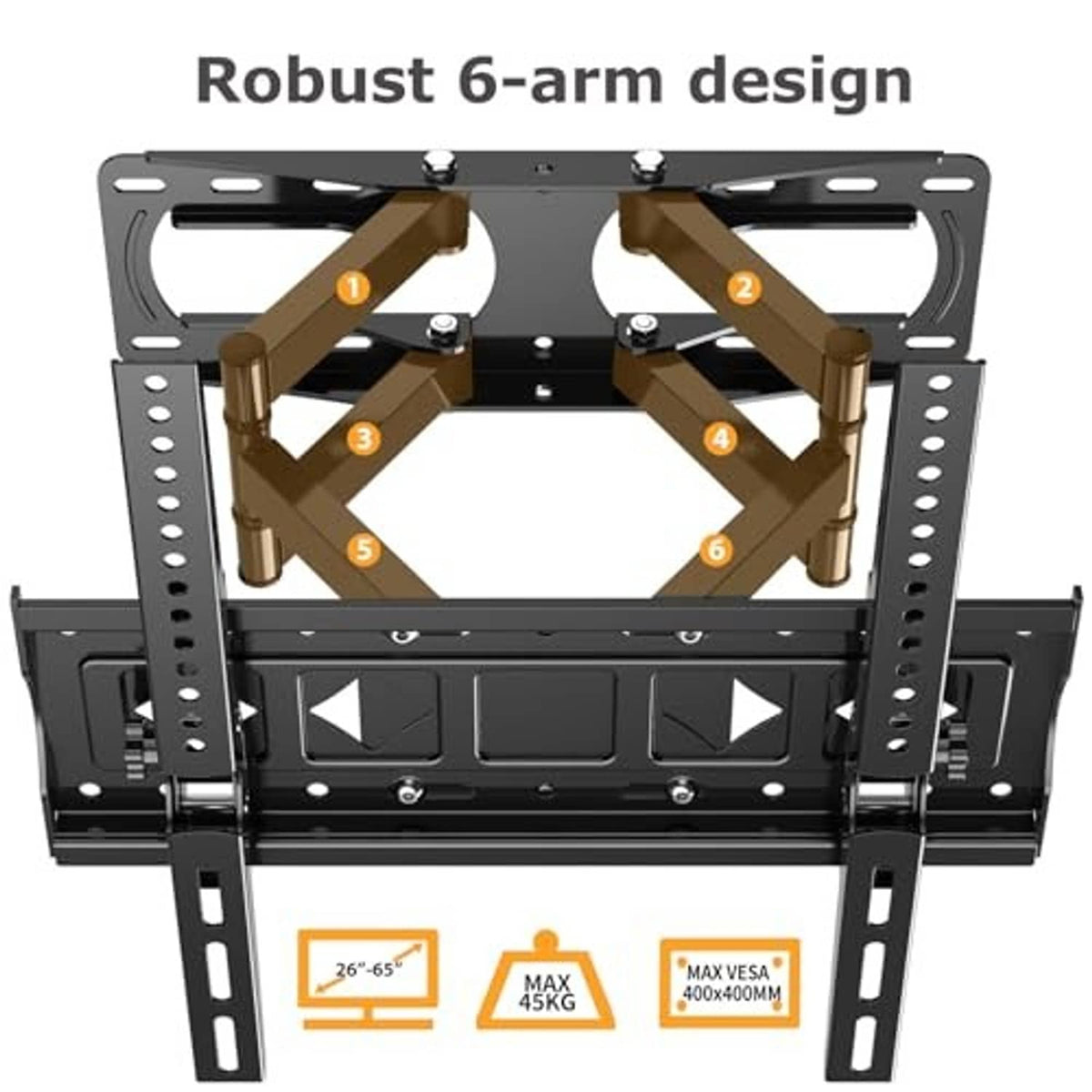 Black full-motion TV wall mount with robust 6-arm design and VESA-compatible plate holes