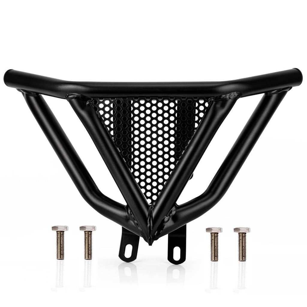 Black ATV front bumper guard with perforated mesh center and four mounting screws