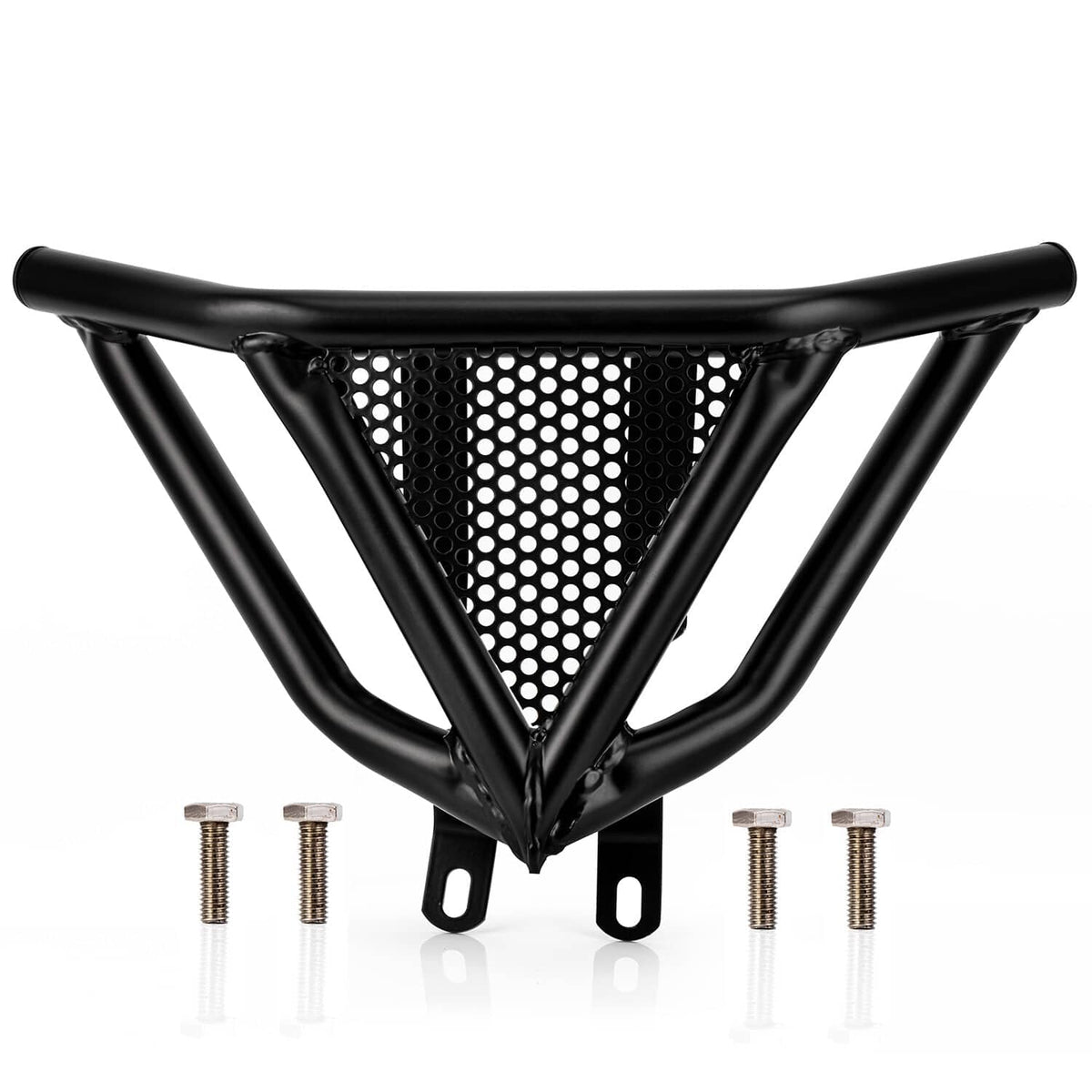 Black ATV front bumper guard with perforated mesh center and four mounting screws