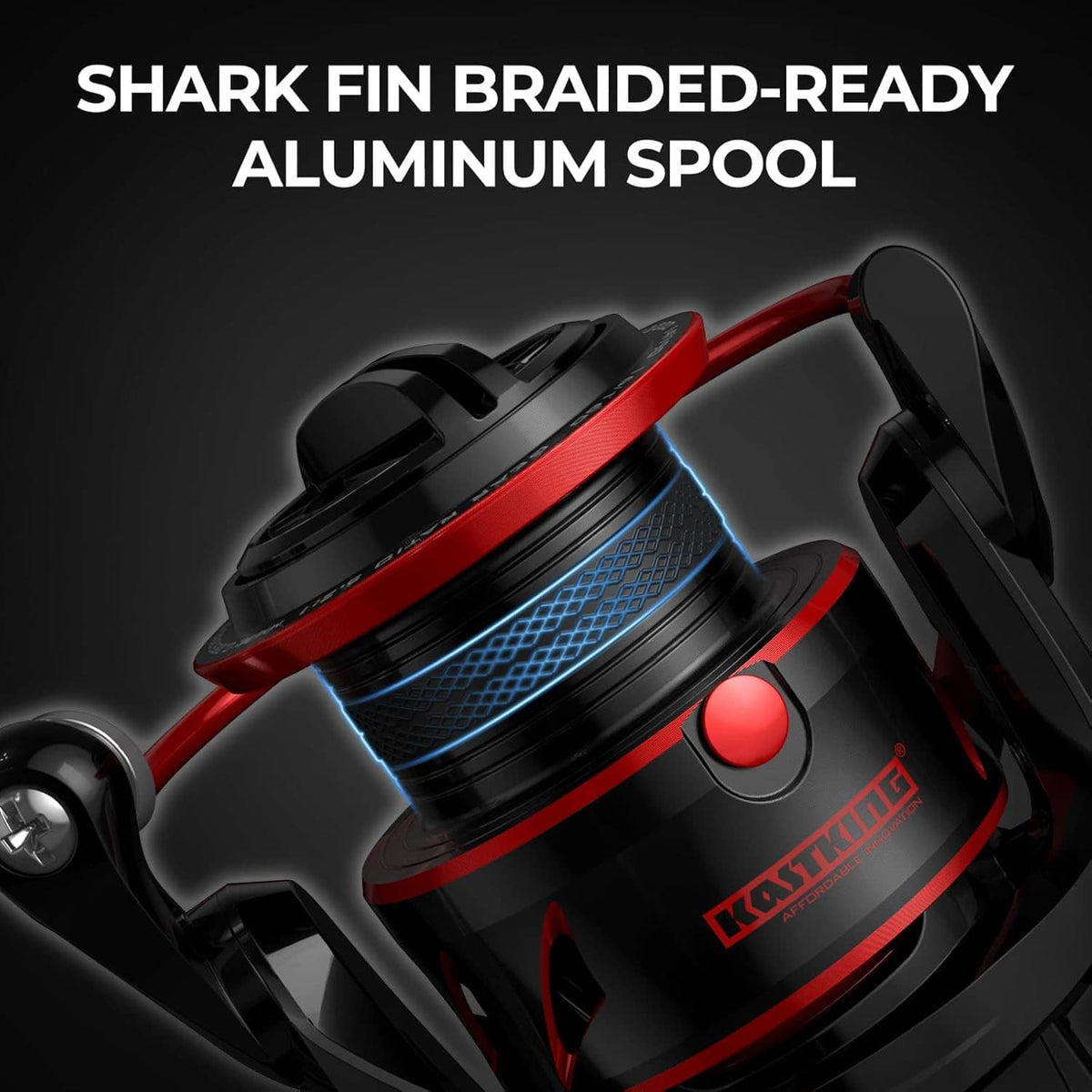 Spinning reel with aluminum spool and red trim, braided-line ready