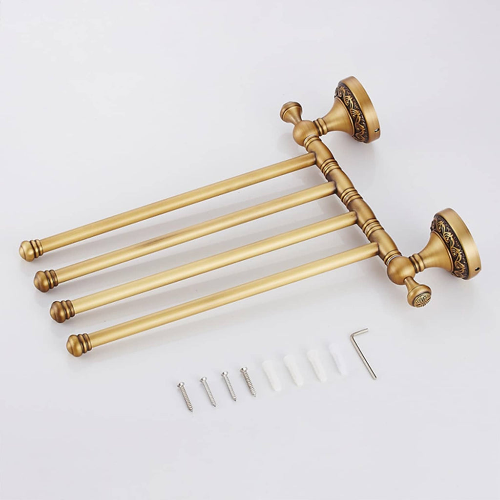 Wall-mounted 4-bar towel rack, antique bronze, with mounting screws included.
