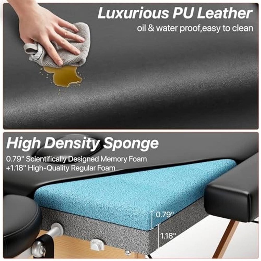Close-up of black PU leather-look cover and blue memory foam mattress layer