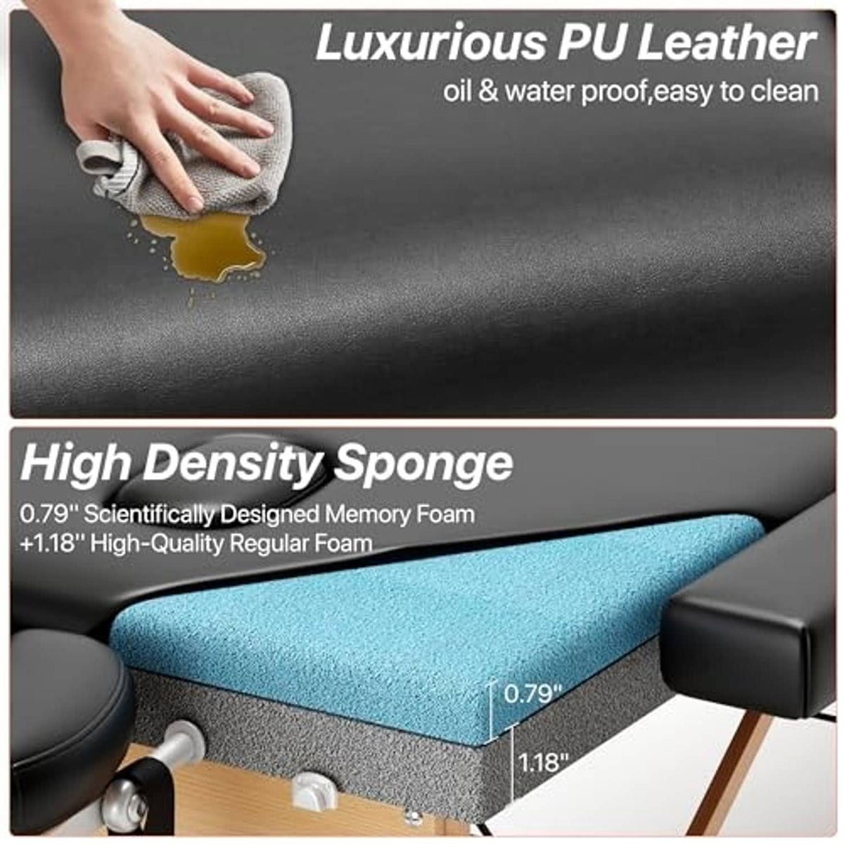 Close-up of black PU leather-look cover and blue memory foam mattress layer
