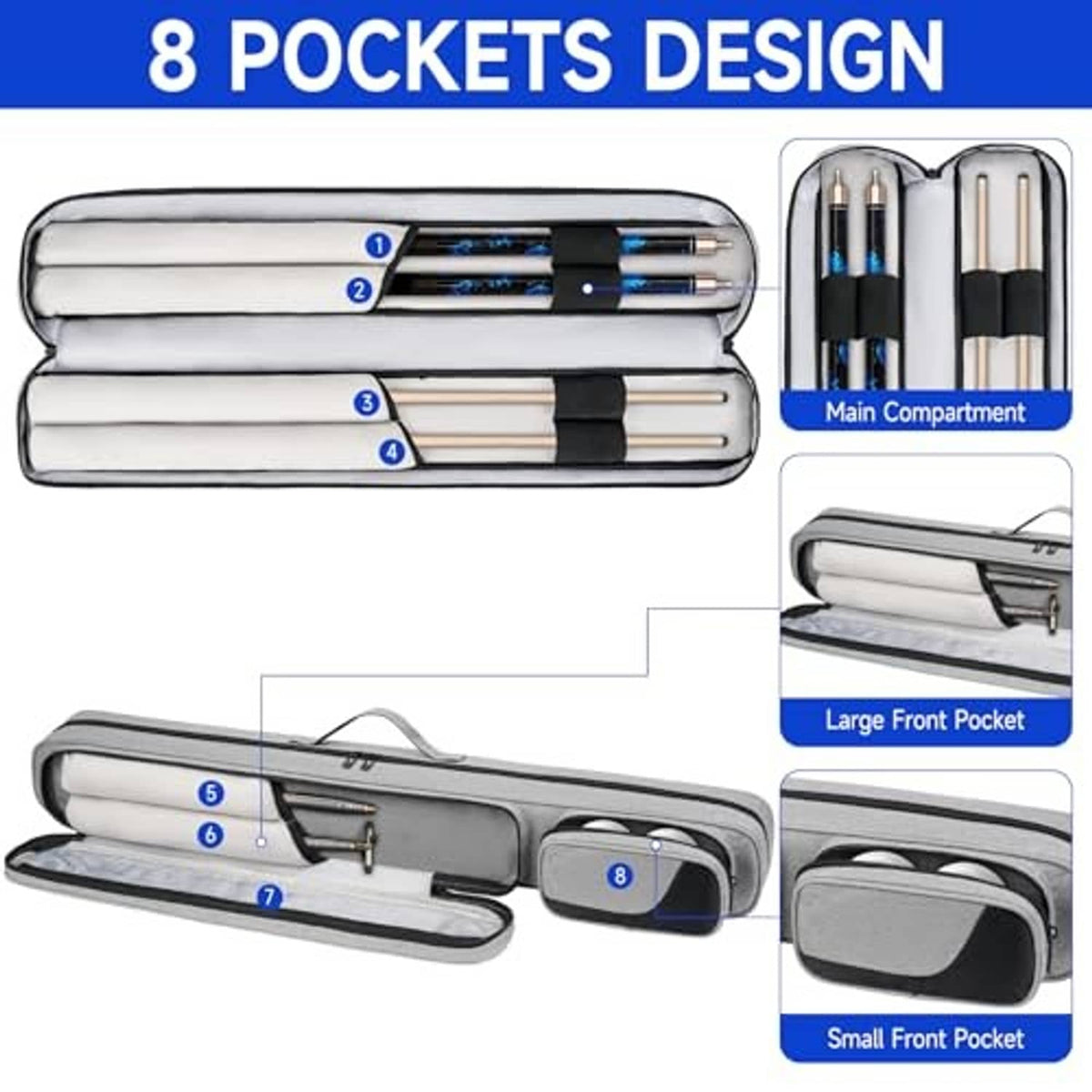 Grey pool cue case with multiple interior slots and elastic loops for cues