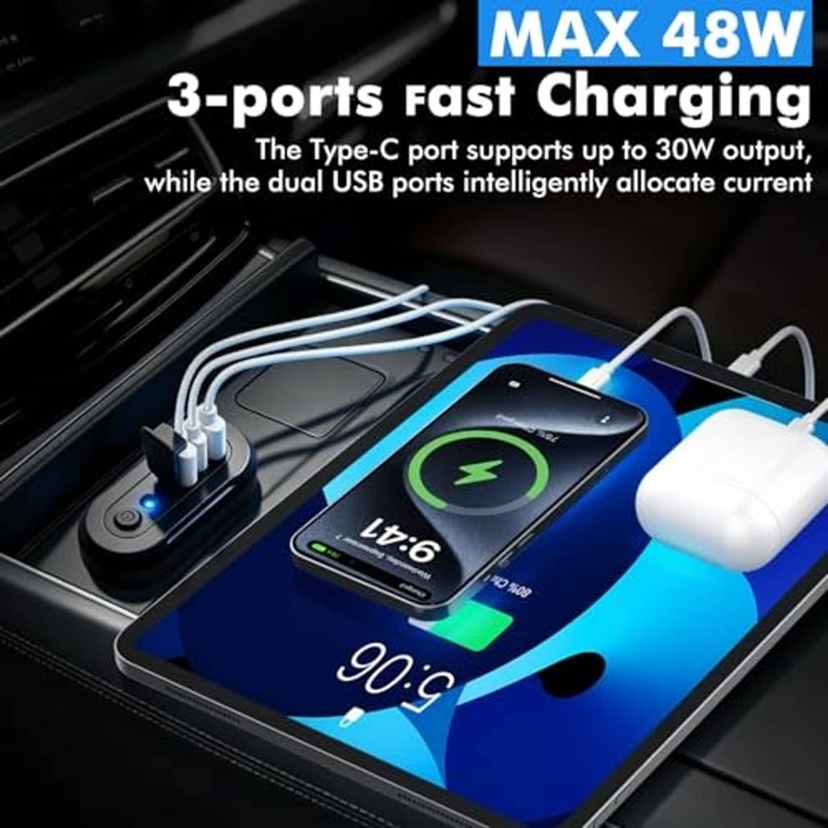USB charging panel with USB-C and dual USB ports powering a smartphone for charging