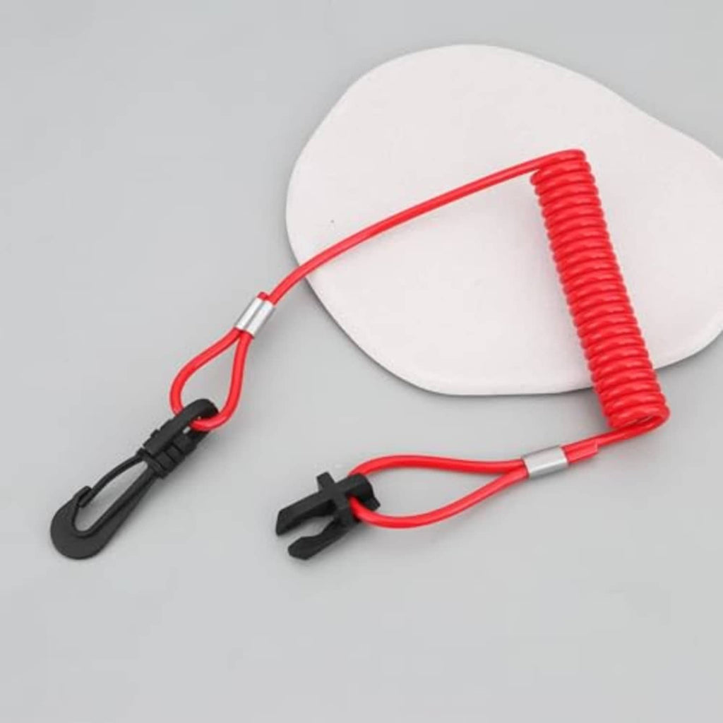 Red lanyard cord with black hook clips and silver ferrules on white base