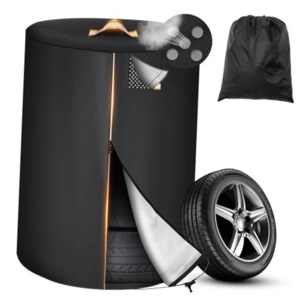 Black 600D tire storage bag with reflective stripe, handle, and open front flap