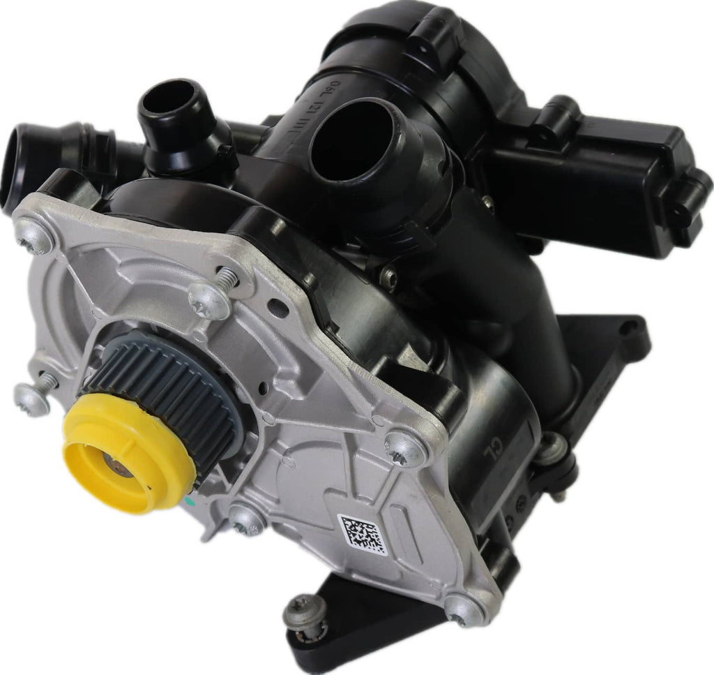 Water pump thermostat housing assembly front view with yellow cap and silver pump body