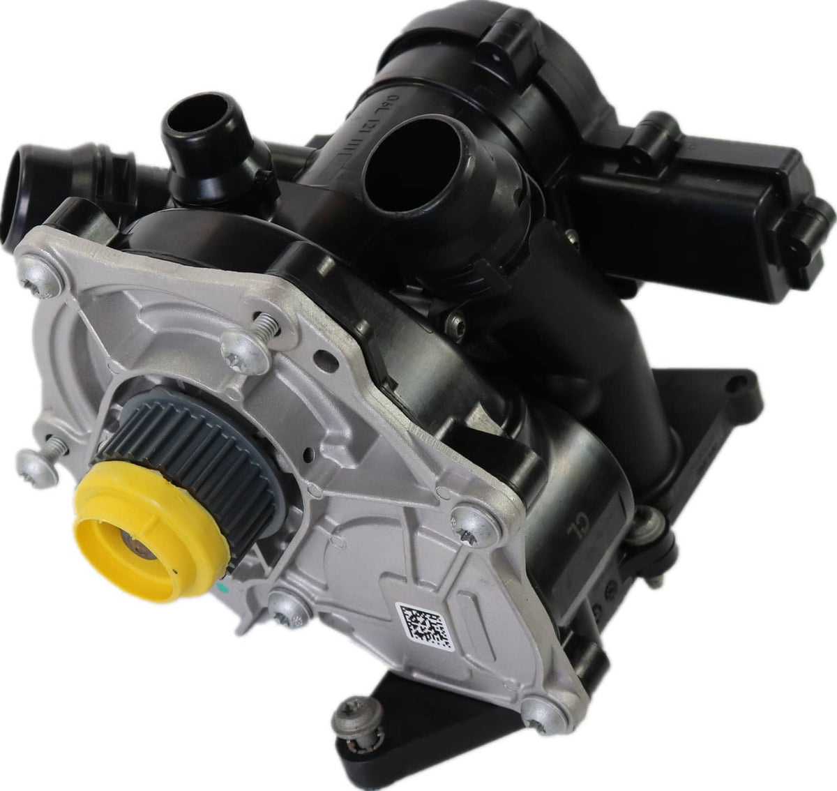 Water pump thermostat housing assembly front view with yellow cap and silver pump body