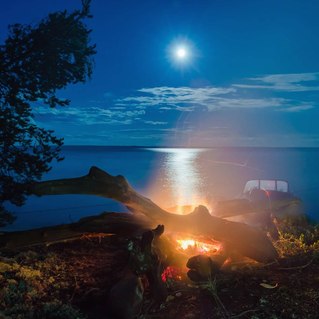 Outdoor campsite scene with glowing fire and truck in the evening