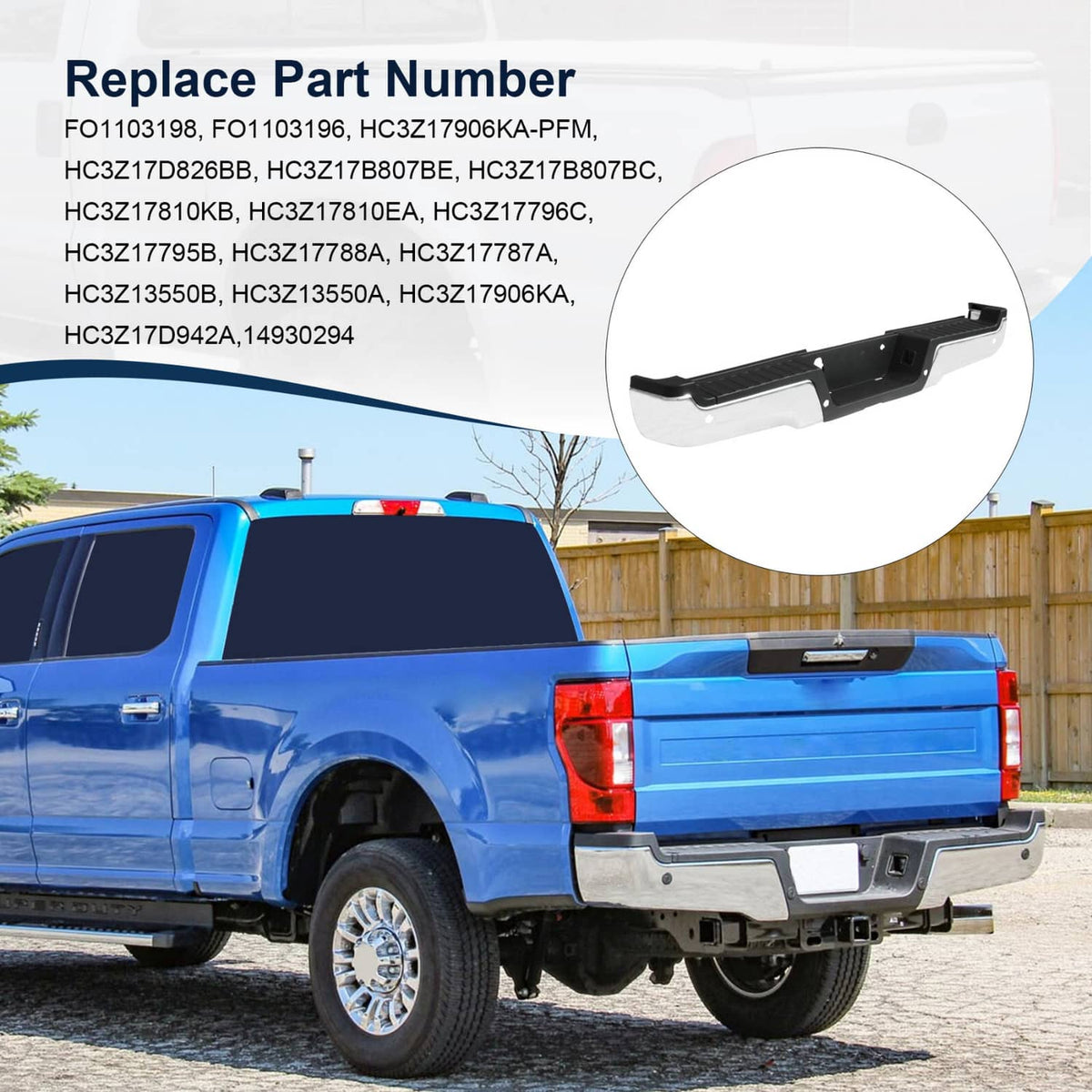 Rear step bumper replacement part shown on a truck with small package detail inset