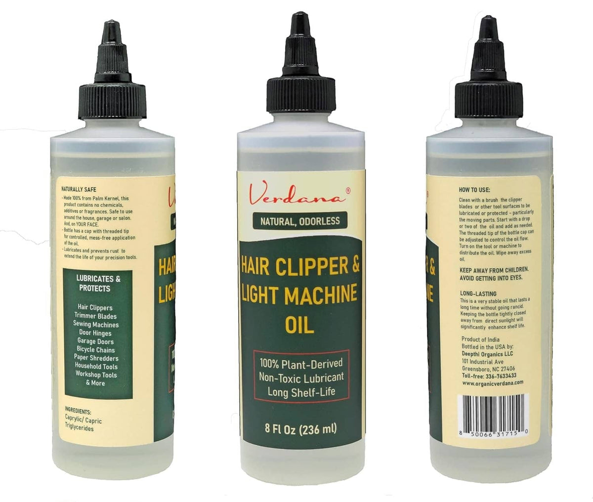 Hair clipper oil bottle set of three views, black cap and front label
