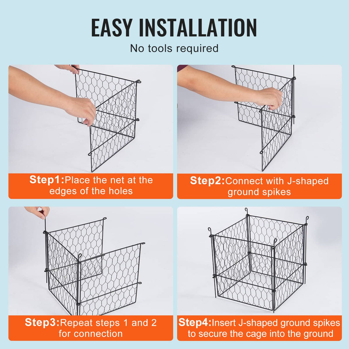 Black metal mesh plant protector cage showing easy assembly steps