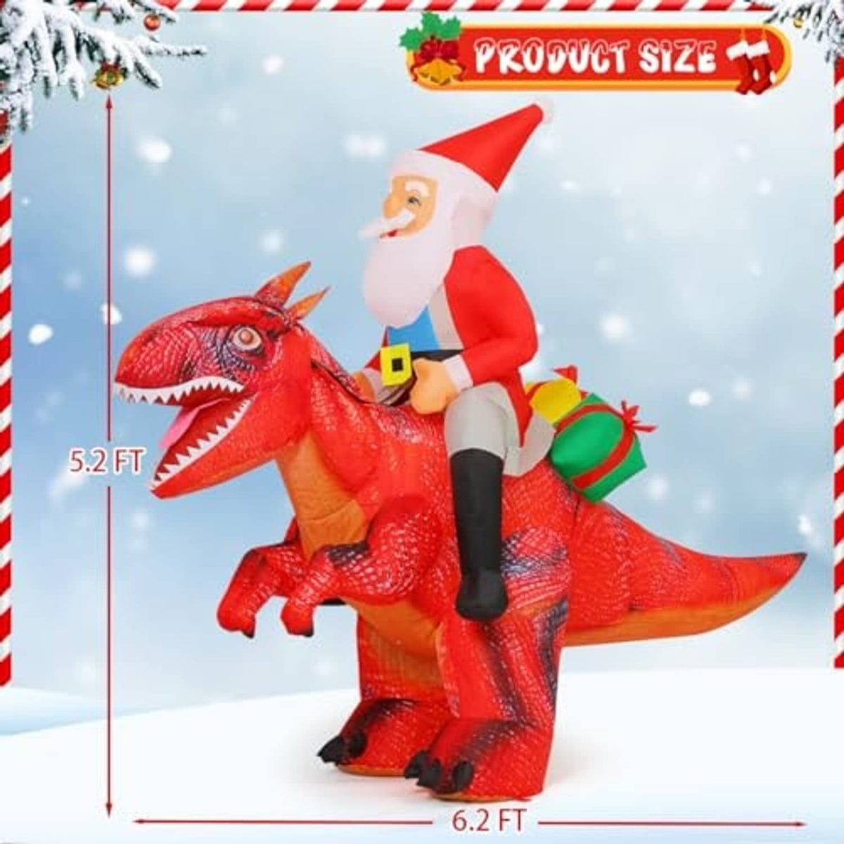 Inflatable Santa riding red dinosaur, red suit and white beard, full-body view