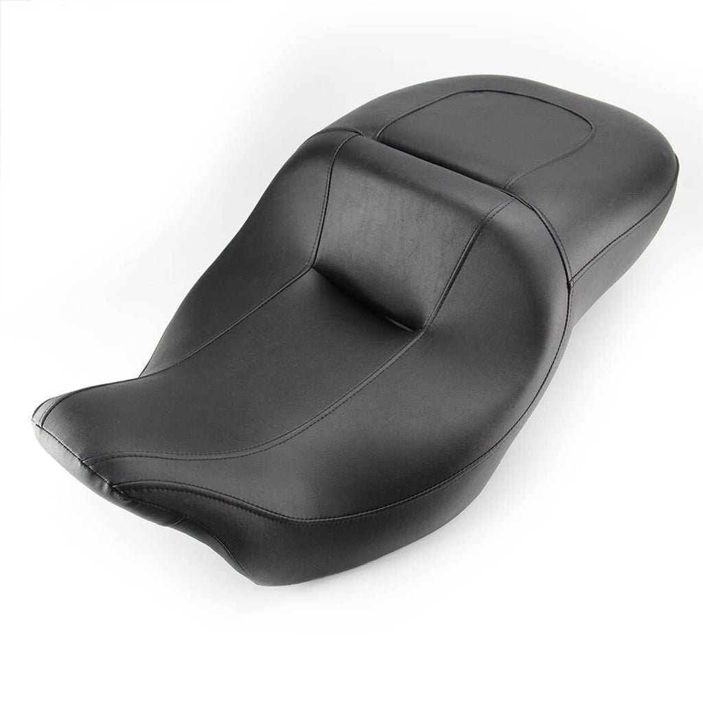 Two-up motorcycle seat with black leather-look finish and contoured rider backrest