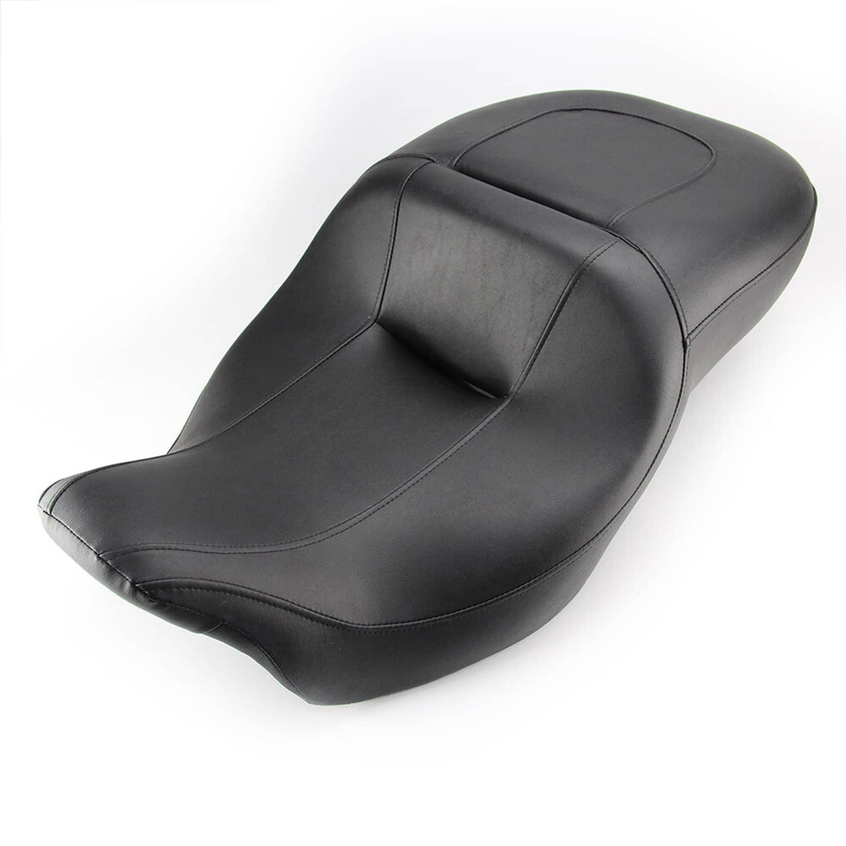 Two-up motorcycle seat with black leather-look finish and contoured rider backrest