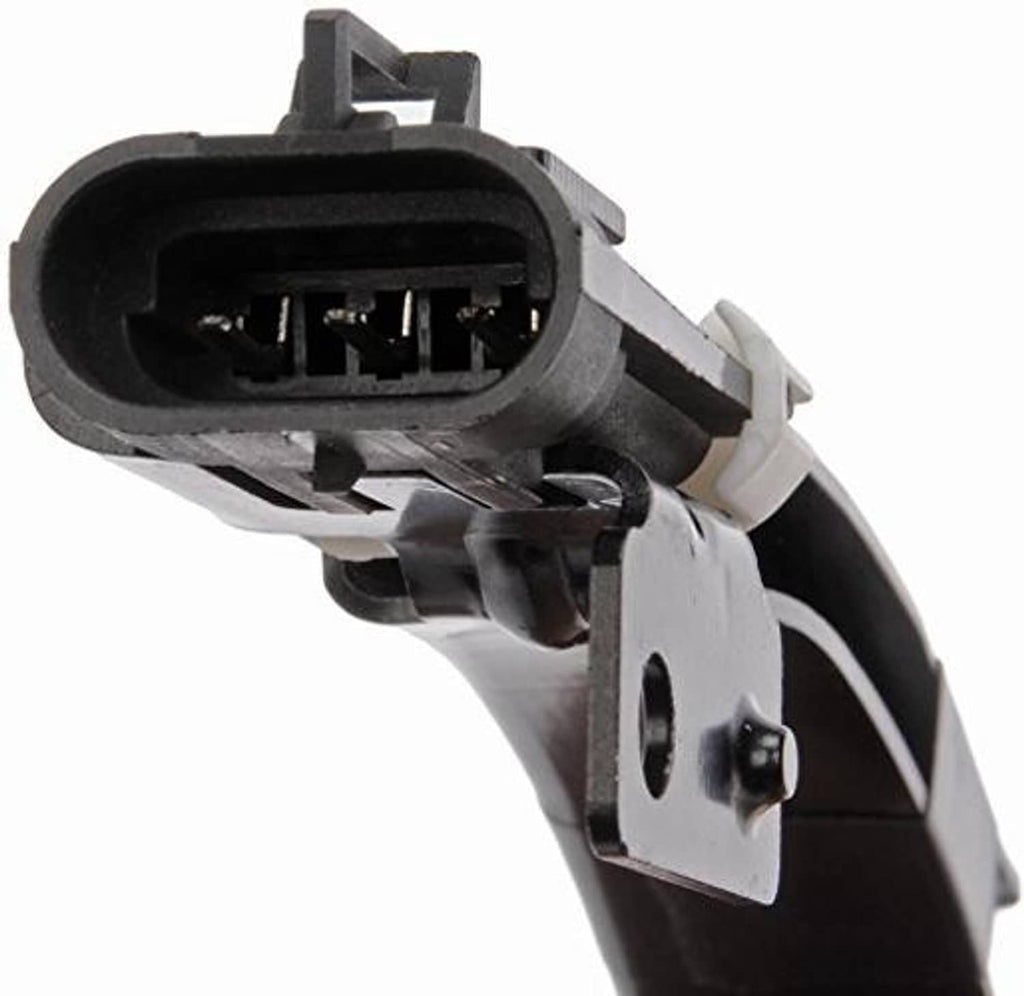 Cam position sensor connector with open multi-pin socket and metal locking tab.