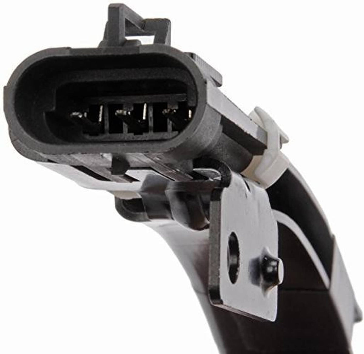Cam position sensor connector with open multi-pin socket and metal locking tab.