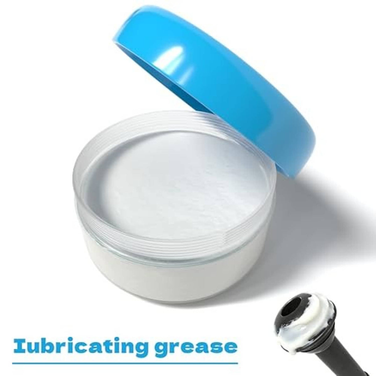 Tire valve lubricating grease jar with blue lid and small applicator nozzle