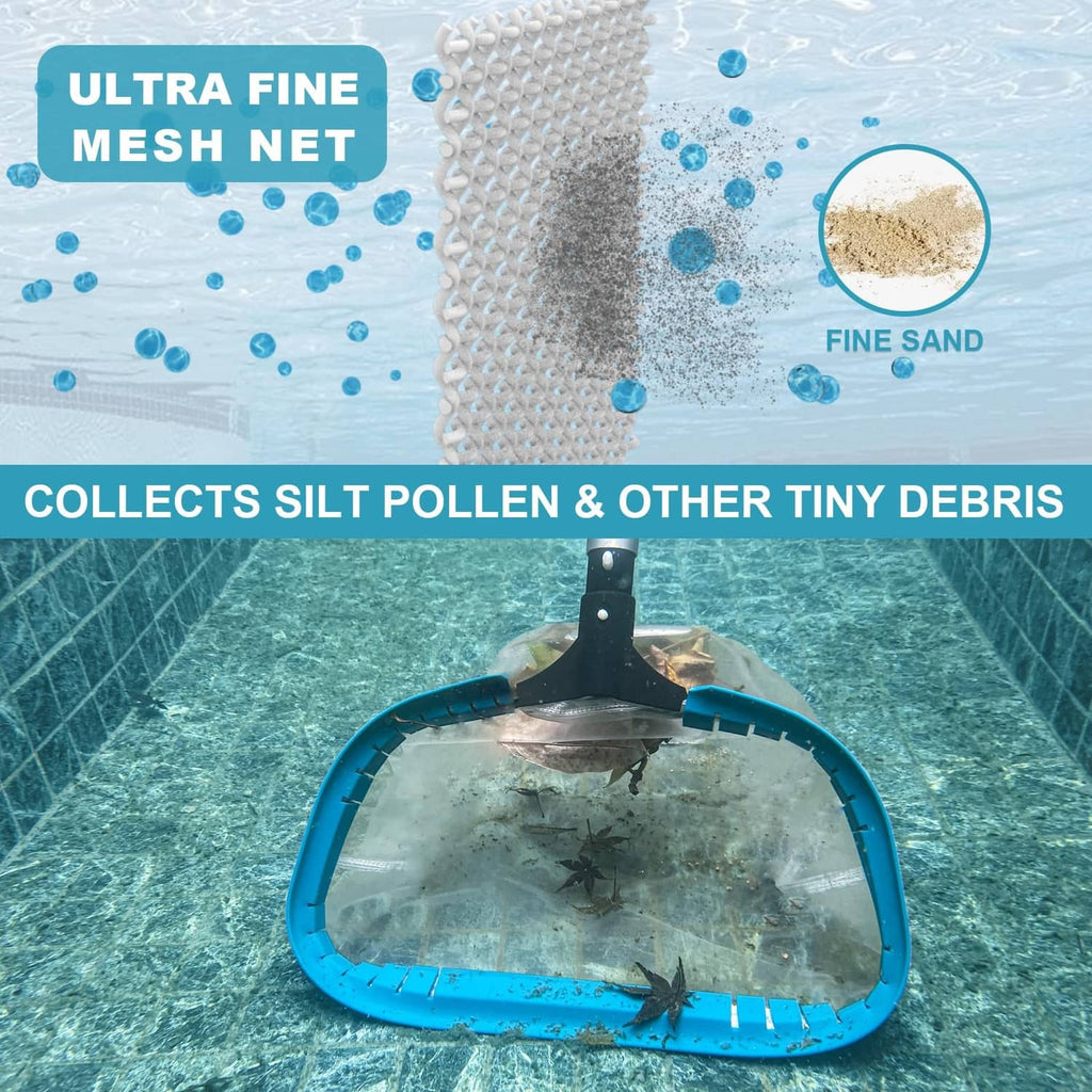 POOLWHALE ultra-fine mesh skimmer net rake in pool water, teal frame