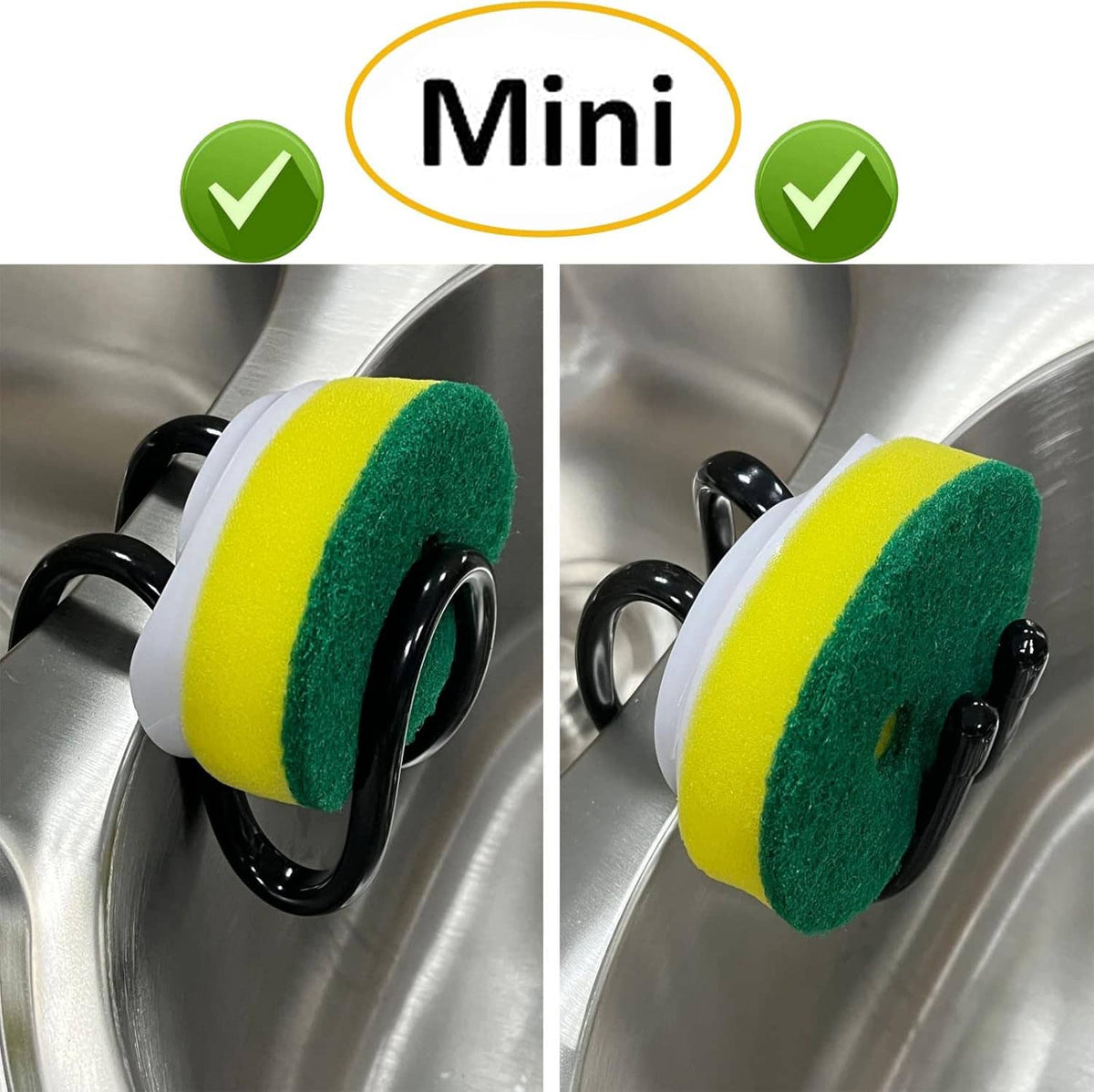 Adjustable dish wand holder with mini scrubber pads, green and yellow on black hooks