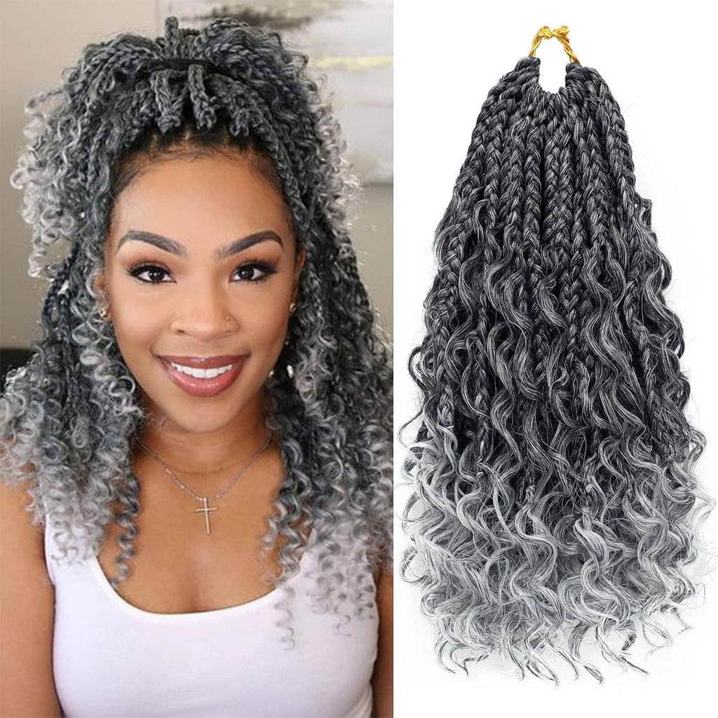 Goddess box braid crochet hair extension, dark gray curly style with light gray ends