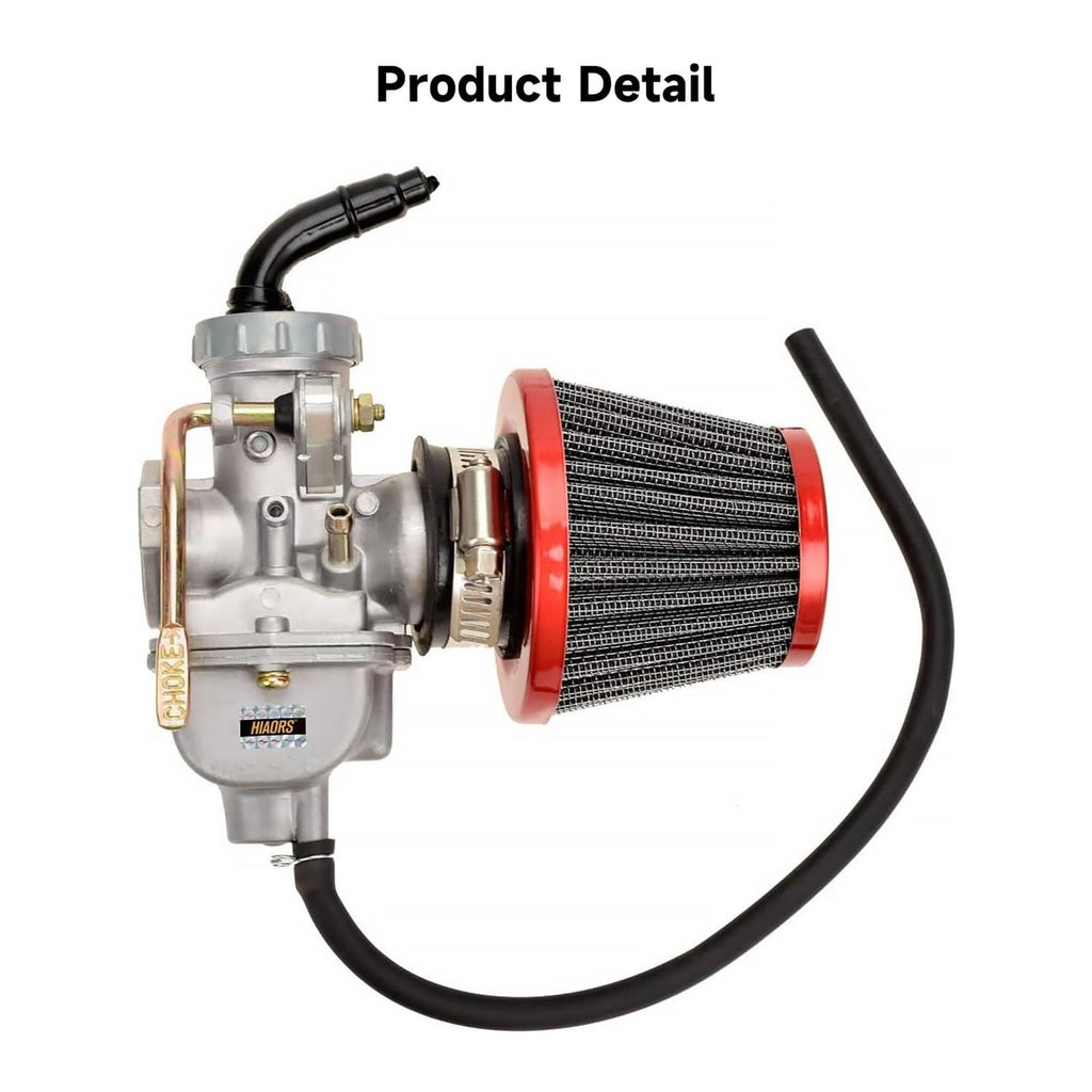 Carburetor with red air filter element and black intake hose, product detail view.